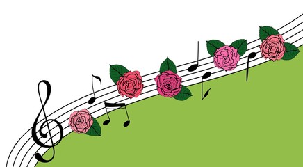 Music and flowers background. Creative template with a clef, hand drawn music notes and rose flowers. Great to place text for an open air concert in a garden or park. Vector