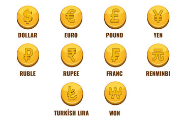 Set of gold coins with 10 currencies signs. Dollar,  Euro, Pound, Yen, Ruble, Rupee, Franc, Renminbi, Turkish Lira and Won signs on game style gold money. 
