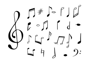 Music notes and signs set. Treble and bass clef. Cartoon flat design. Hand drawn music symbols