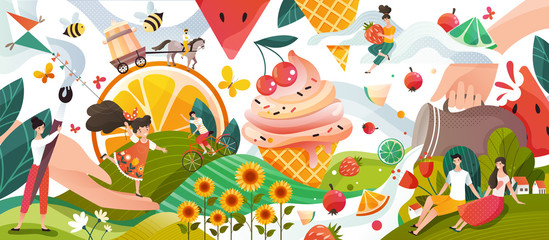 Summer memories, happy people cartoon characters in fantasy world with fruits and ice cream, vector illustration. Summertime land of sweets and flowers, man and woman enjoy summer vacation outdoor