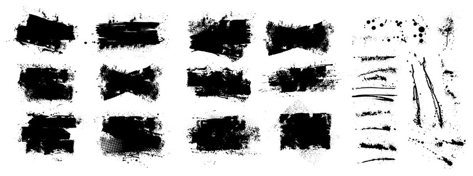 Vector ink splashes stencil. Very detailed collection mockups brush strokes for text and design. Black inked splatter dirt stain splattered spray splash with drops blots. Vector isolated set boxes