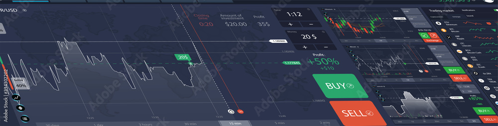 Poster Stock market perspective dashboard, trading platform binary option with cryptocurrency and other investments. Economic trends and stock exchange. Vector illustration forex with UI interface
