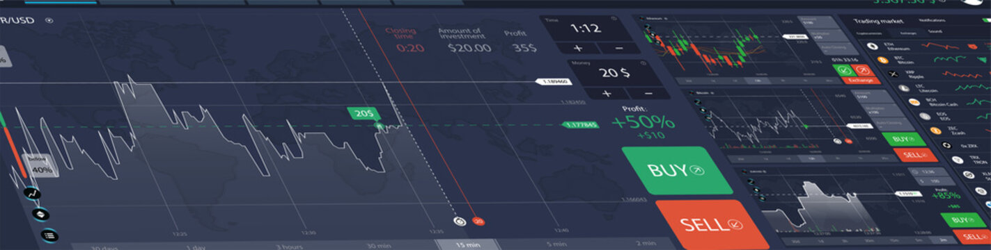 Stock market perspective dashboard, trading platform binary option with cryptocurrency and other investments. Economic trends and stock exchange. Vector illustration forex with UI interface