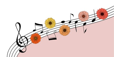 Music and flowers invitation background. Creative template with a clef, hand drawn music notes and flowers. Great to place text for an open air concert in a garden or park. Vector