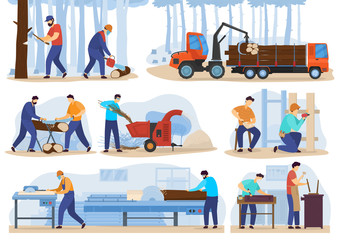 Woodwork processing stages, people cutting trees and produce timber, vector illustration. Wood production industry, men working on factory, carpenter cartoon character. Woodwork lumber manufacturing