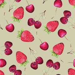  summer watercolor pattern with strawberries and cherries