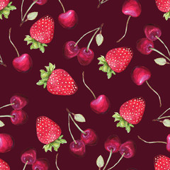  summer watercolor pattern with strawberries and cherries