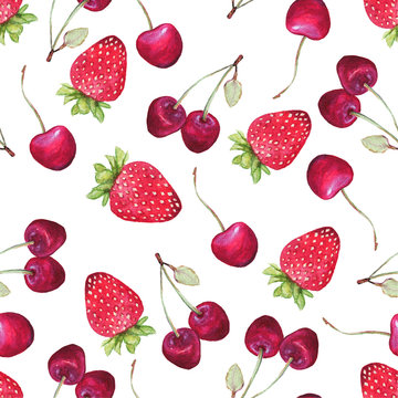  summer watercolor pattern with strawberries and cherries