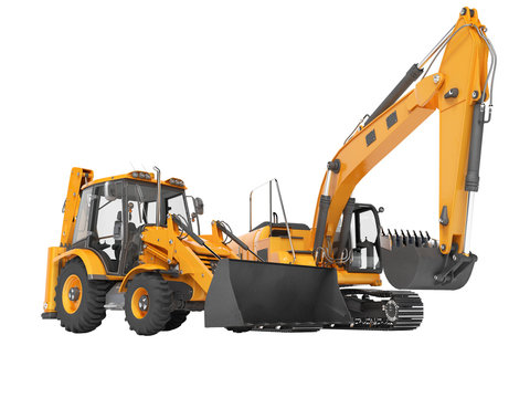 3d rendering orange construction machinery tractor and excavator on white background no shadow