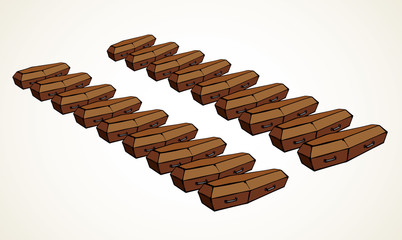 Closed wooden coffins. Vector drawing Mass burial
