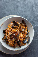 pasta with mussels. seafood pasta.