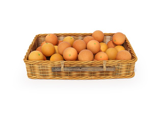 3D rendering wicker wooden basket with oranges on white background with shadow