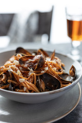 pasta with mussels. seafood pasta.