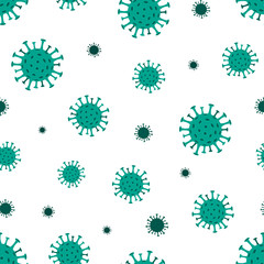 Vector Coronavirus COVID-19 seamless pattern. Repetitive illustration of green viruses on dark background. Bacteria Biology Organisms, 2019-nCoV, pandemic concept.
