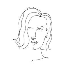 Vector abstract trendy illustration of one line drawing of woman. Modern artwork  in minimal linear style isolated on white backgorund. Female portrait for t-shirt fashion print, logo, emblem