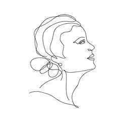 Vector abstract trendy illustration of one line drawing of woman. Modern artwork  in minimal linear style isolated on white backgorund. Female portrait for t-shirt fashion print, logo, emblem