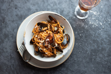 pasta with mussels. seafood pasta.