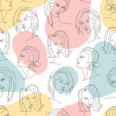 Vector abstract trendy seamless pattern with one line drawing of woman and geometric elements. Modern artwork in minimal linear style. Female portrait for t-shirt fashion print, template