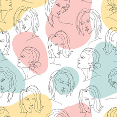 Vector abstract trendy seamless pattern with one line drawing of woman and geometric elements. Modern artwork  in minimal linear style. Female portrait for t-shirt fashion print, template