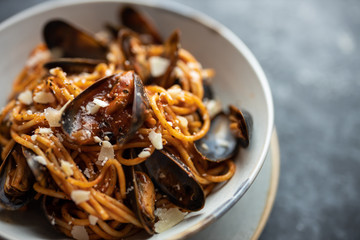 pasta with mussels. seafood pasta. Selective focus