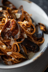 pasta with mussels. seafood pasta. Selective focus