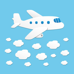 Fototapeta na wymiar White airplane flying above clouds vector illustration
