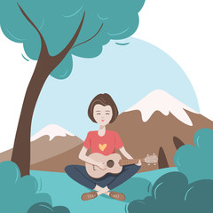 Girl character playnig ukulele. Camping flat design, vector illustration