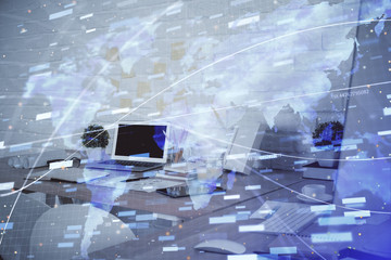 Double exposure of data theme drawing and office interior background. Concept of technology.