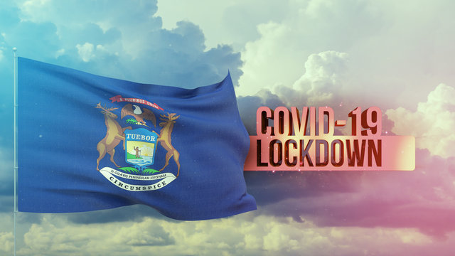 Coronavirus outbreak and coronaviruses influenza lockdown concept with flag of the states of USA. State of Michigan flag Pandemic 3D illustration.