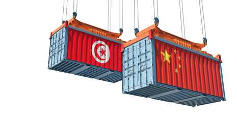 Shipping containers with Tunisia and China flag. 3D Rendering 