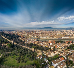 Aerial panorama of Florence at sunrise, Firenze, Tuscany, Italy, cathedral, river, drone pint view, mountains is on background