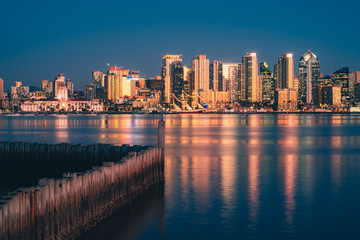 Horizontal Downtown San Diego skyline at dusk nighttime reflection