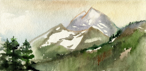 Morning mountain landscape. Cold summer. Snow on the tops of the mountains. Three ate. Watercolor. Illustration.