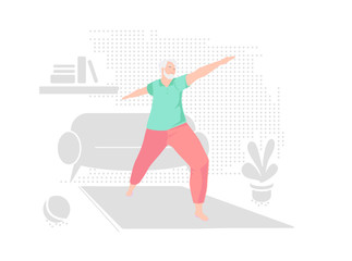 Fototapeta na wymiar Elderly man alone does yoga at home. Indoor retired leisure. Active healthy lifestyle quarantined. Sport fitness for senior person. Balance training. Old character doing exercises vector illustration