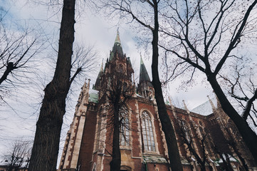 Olga and Elizabeth church in Lviv. Baroque and Gothic architecture. Steeples on the towers. Trees...