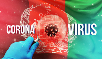 Medical scientist looking at a molecule under a magnifying glass, medical concept with flag of Afghanistan. Pandemic 3D illustration.