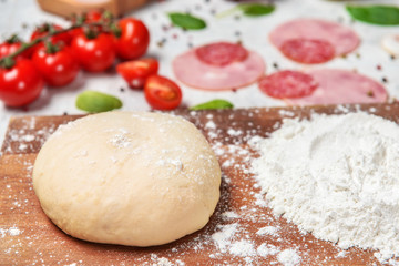 Ingredients for tasty pizza on table