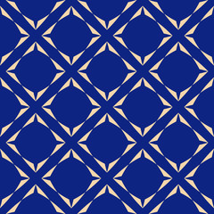 Vector abstract minimalist geometric texture. Dark blue and yellow seamless pattern with diamond shapes, flower silhouettes, stars, rhombuses, grid, net. Elegant repeat background. Decorative design