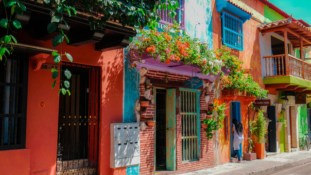 Colonial Street in South America - Colorful old houses full of flowers - Cartagena de Indias - Colombia