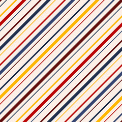 Diagonal stripes seamless pattern. Vector colorful lines texture. Abstract geometric striped background. Thin slanted strips. Red, maroon, yellow, navy blue and beige color. Simple repeatable design
