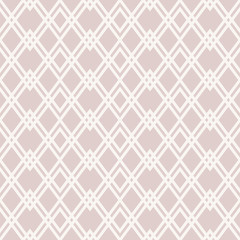 Abstract geometric seamless pattern. Subtle white and rose beige vector background. Simple ornament with diamond grid, rhombuses, lines, mesh, lattice. Elegant texture. Delicate repeatable design