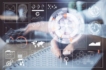 Double exposure of data theme sketch drawing over people writing background. Concept of technology