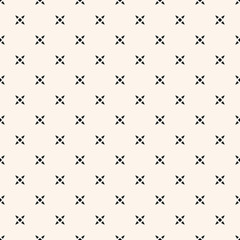 Vector minimalist floral seamless pattern. Simple black and white abstract geometric background with small flowers, crosses, tiny stars. Subtle minimal monochrome ornament texture. Repeat design