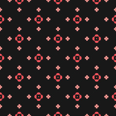 Subtle floral seamless texture. Vintage geometric pattern with small flowers. Vector abstract background in red, pink and black color. Elegant minimal ornament. Subtle repeat design for decor, textile