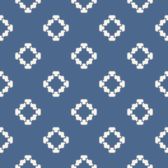 Fototapeta na wymiar Vector floral geometric seamless pattern. Simple minimalist ornament with flower shapes. Stylish minimal background. Elegant abstract texture. Blue and white color. Repeat design for decor, wallpaper