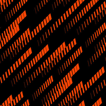 Sport pattern. Abstract geometric seamless texture with diagonal lines, tracks, halftone stripes. Extreme sporty style, urban art design. Trendy vector background in neon colors, orange red and black