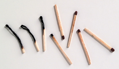 A shot of burned and non light matches on a white background