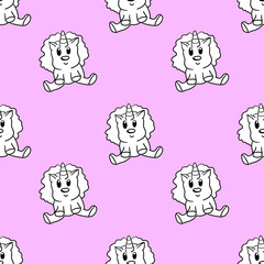Seamless pattern beautiful cute cartoon style sits a small unicorn with a mane on a lush pink background, illustration for postcards, decor, posters, print, fabric, and so on in Doodle style