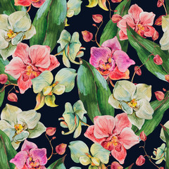 Natural vintage watercolor orchid seamless pattern, exotic flowers