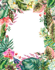 Watercolor botanical tropical leaves vertical frame, orchid flowers